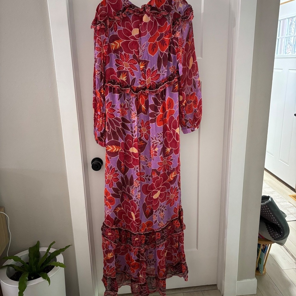 FARM Rio Sweet Floral Maxi Dress Purple Red Long Sleeve Ruffle Womens Small Boho - Picture 5 of 7